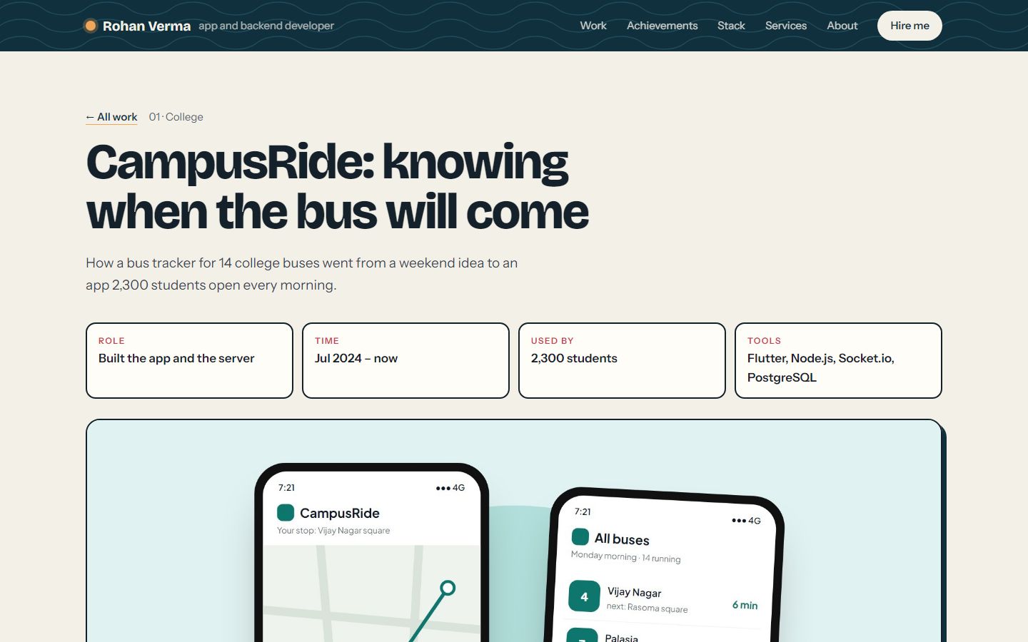 The CampusRide case study page: a title, facts about the project and the contents
