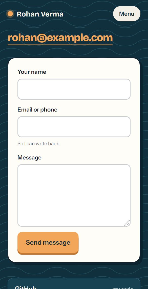 The contact form on Rohan's site on a phone: name, email or phone, message, and a Send message button