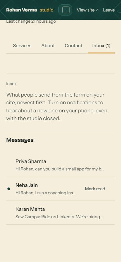 The Inbox tab of Rohan's Studio on a phone: three messages, one unread with a Mark read button