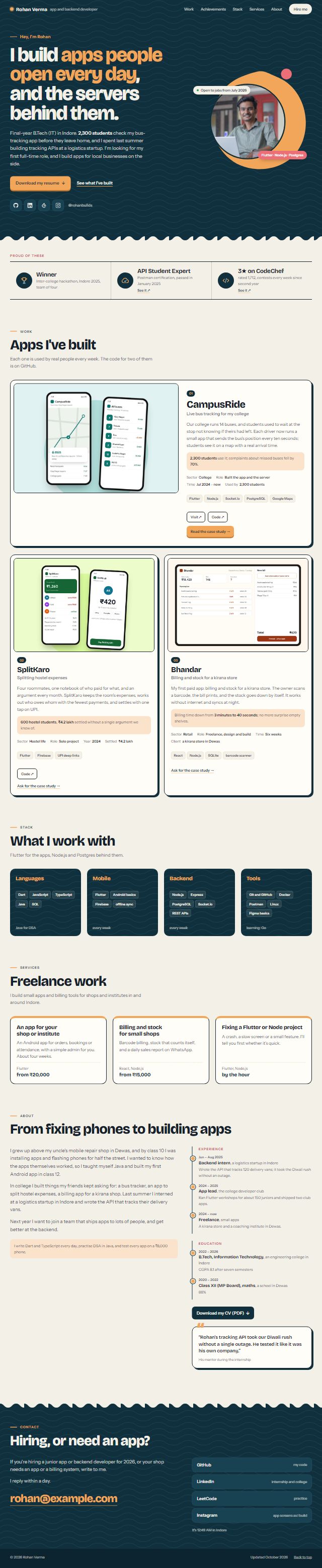 Rohan's whole portfolio: the intro with his photo, three achievements, three projects with screens, his stack, freelance services, his story with education and a resume download, and the contact band
