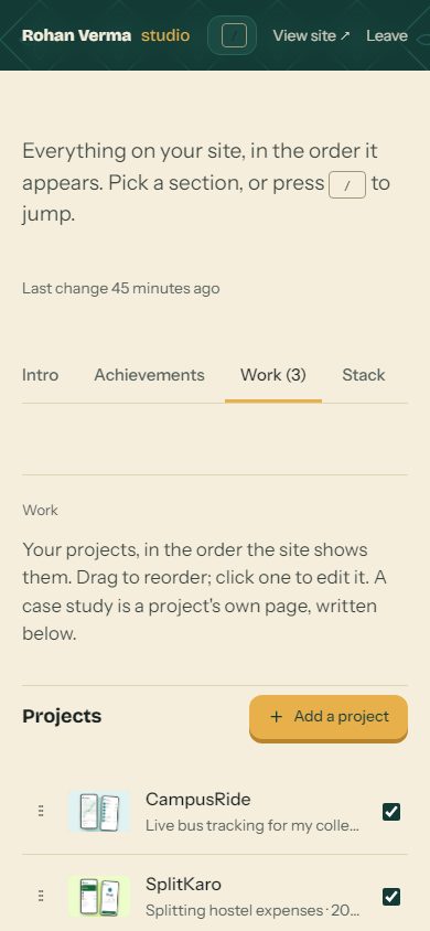 Rohan's Studio on a phone, open on his projects