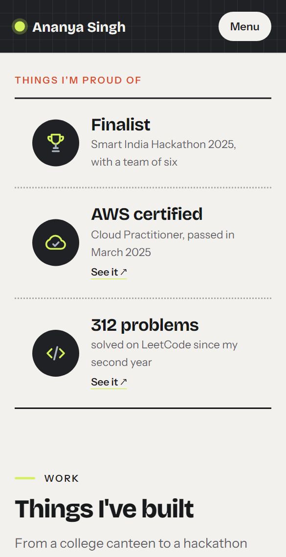 Ananya's achievements in charcoal and lime: a hackathon, a certificate, 312 problems solved